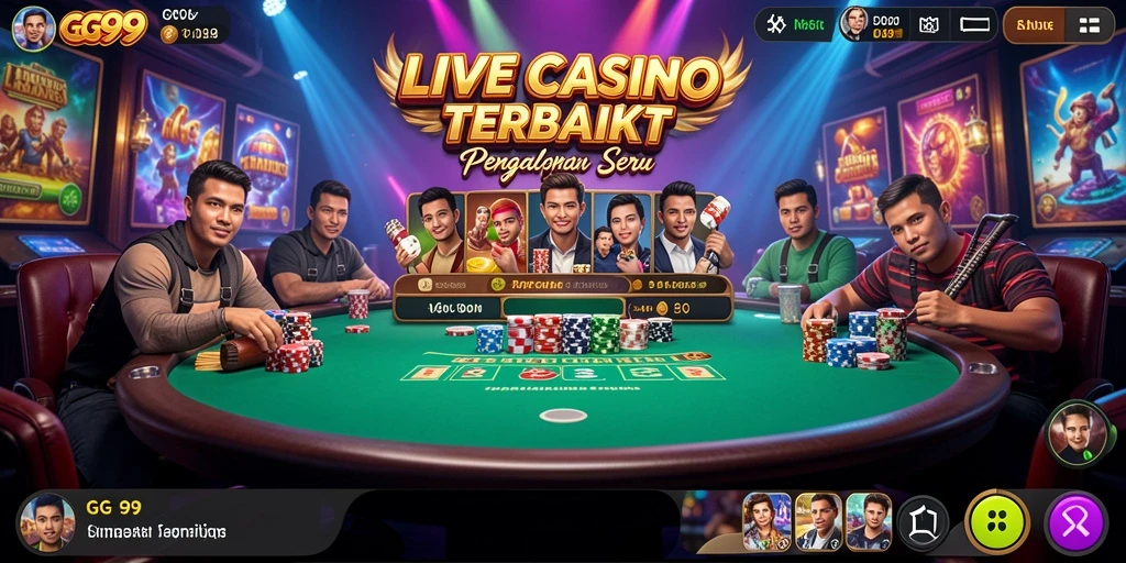 Screenshot gameplay <strong>GG99</strong> menunjukkan dealer profesional dan suasana kasino yang mendebarkan.