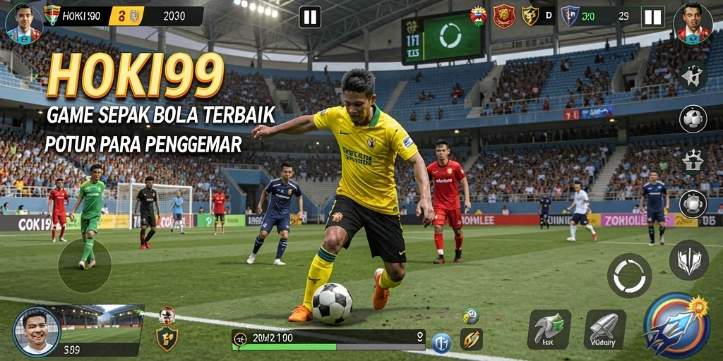 Screenshot gameplay HOKI99 menampilkan aksi sepak bola yang menegangkan.