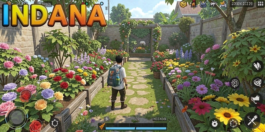 Screenshot gameplay INDAAA menampilkan kebun yang subur dan aktivitas berkebun.