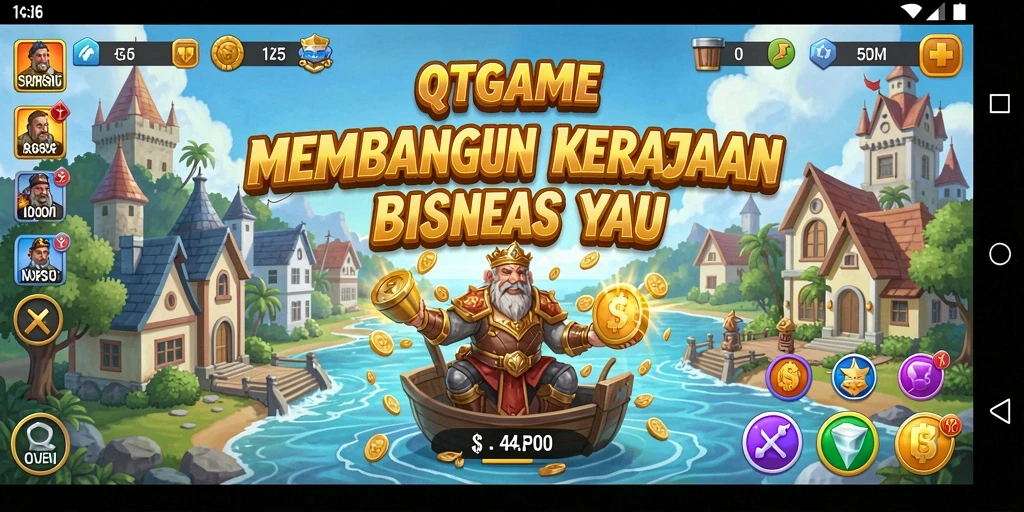 Screenshot gameplay QTGAME menampilkan suasana bisnis yang dinamis.